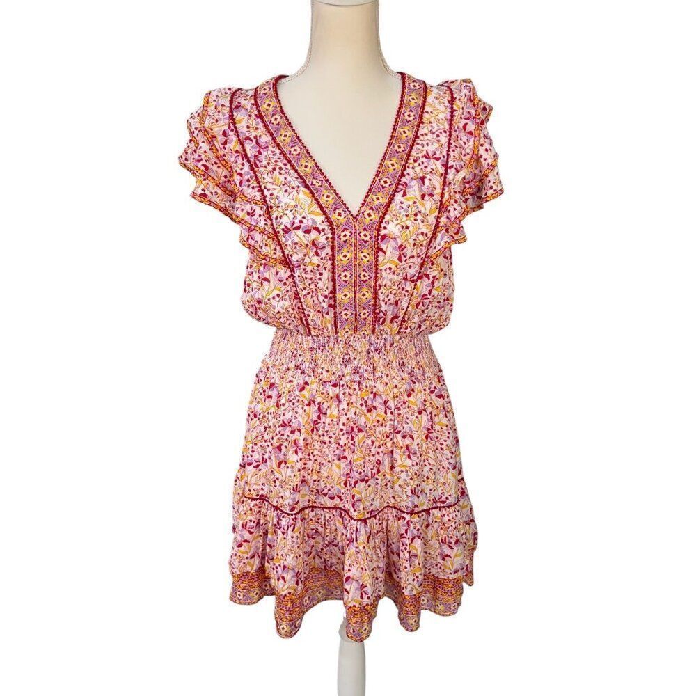 Poupette St Barth Camila Floral Pattern V-Neck Mini Dress Red Size Medium